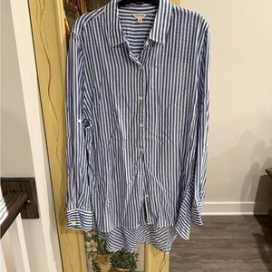Women's Blue and White Striped Button Down Shirt